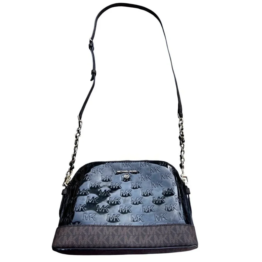 Michael Kors Dome Crossbody Bag Bl‎ Patent Leather Brown Monogram Gold Hardware